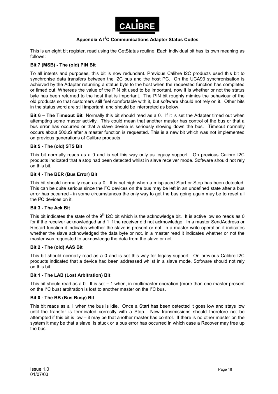 Appendix a i, C communications adapter status codes, Calibre | Calibre UK UCA93 User Manual | Page 21 / 25