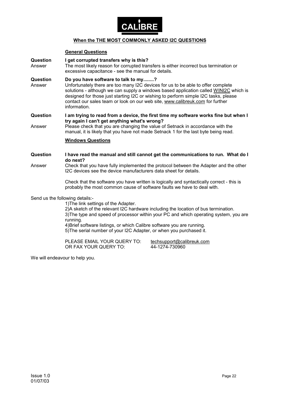 When the the most commonly asked i2c questions, General questions, Windows questions | Calibre | Calibre UK UCA93 User Manual | Page 25 / 25