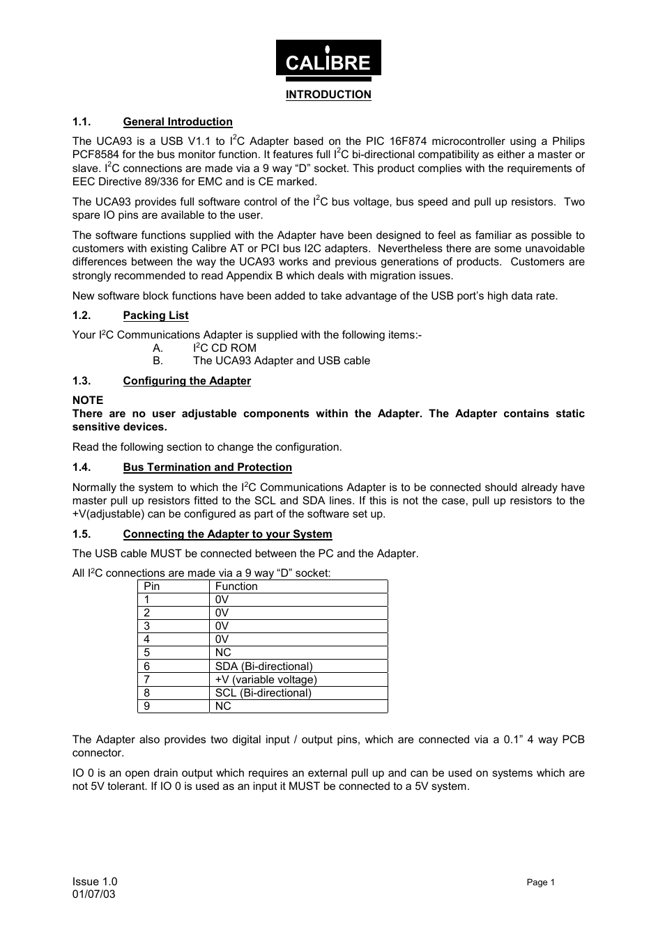 Introduction, General introduction, Packing list | Configuring the adapter, Bus termination and protection, Connecting the adapter to your system, Calibre | Calibre UK UCA93 User Manual | Page 4 / 25