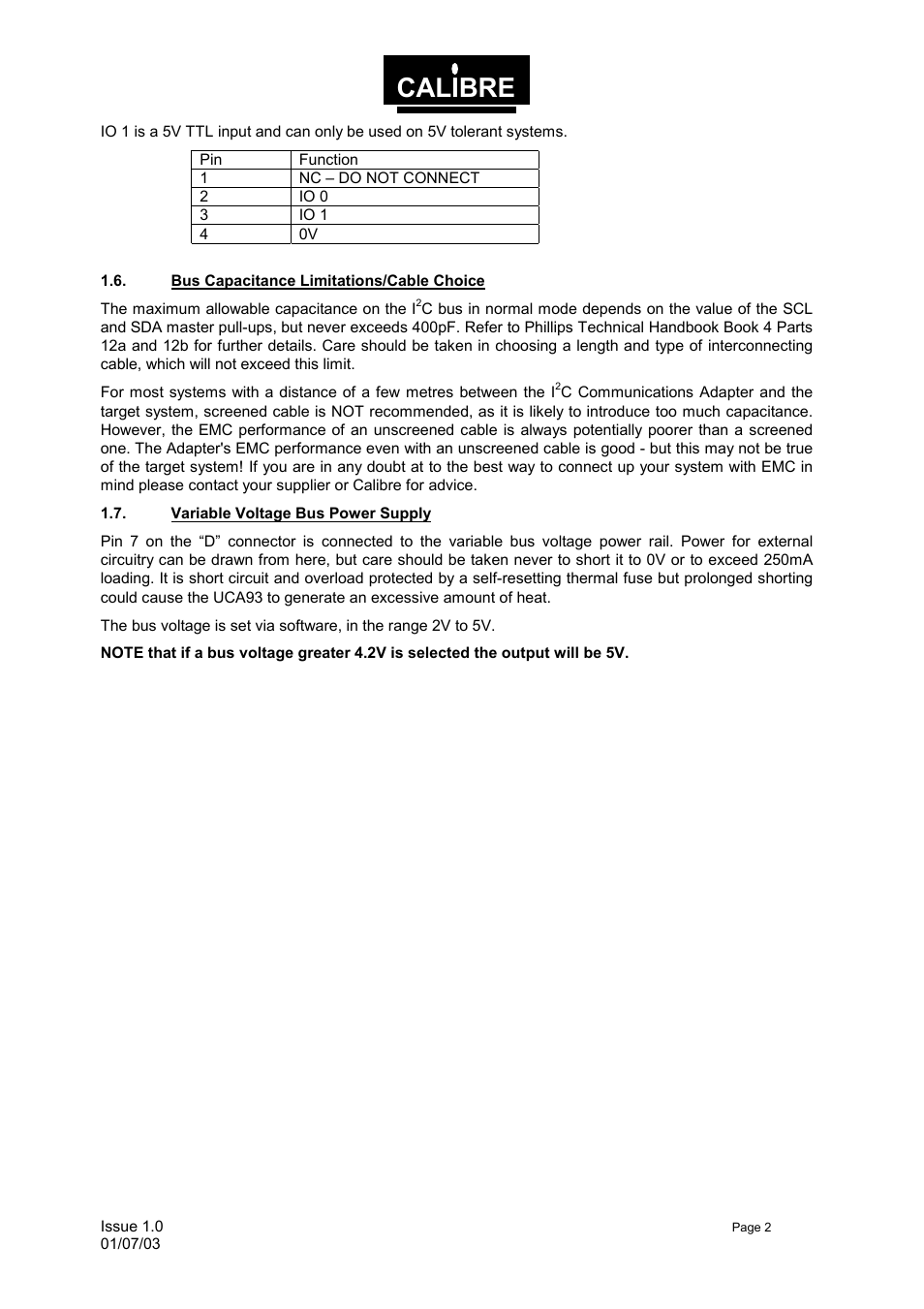 Bus capacitance limitations/cable choice, Variable voltage bus power supply, Calibre | Calibre UK UCA93 User Manual | Page 5 / 25