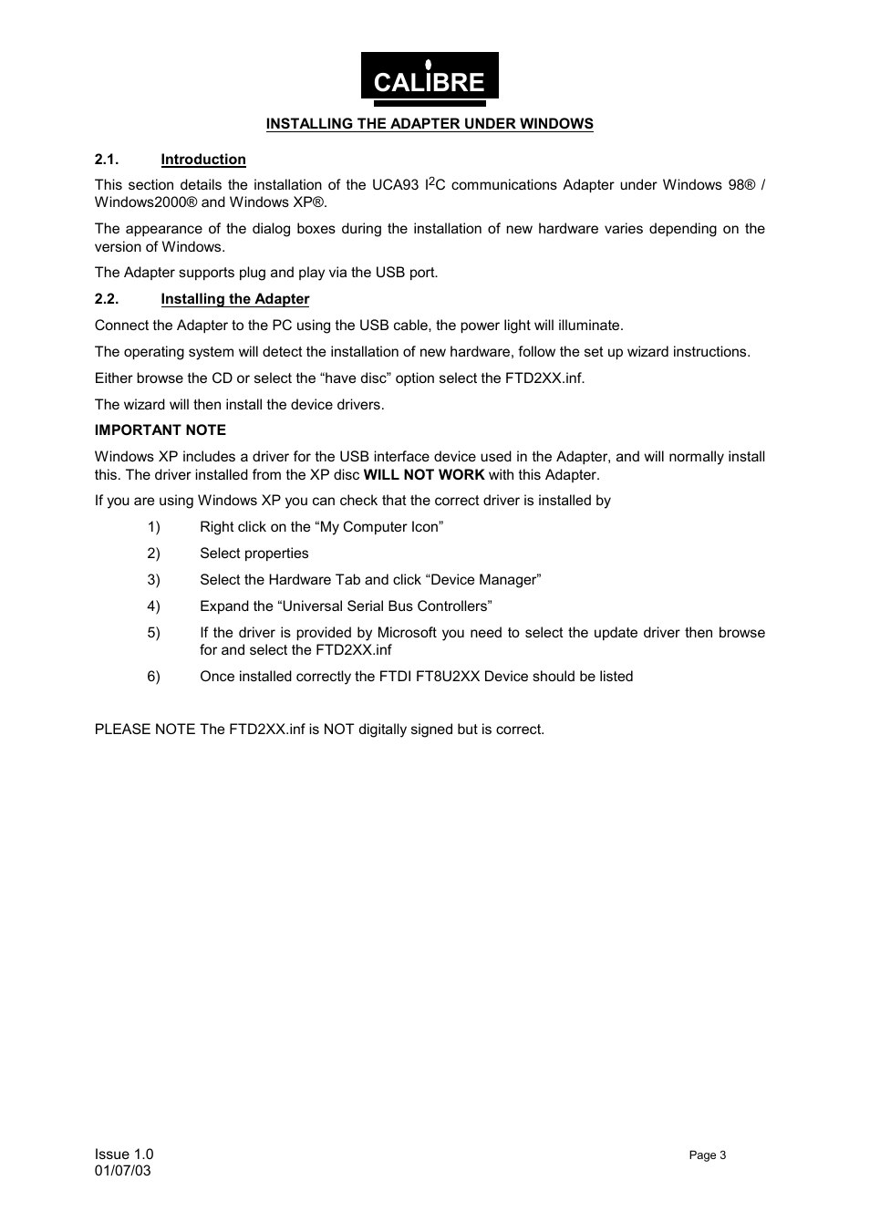 Installing the adapter under windows, Introduction, Installing the adapter | Calibre | Calibre UK UCA93 User Manual | Page 6 / 25