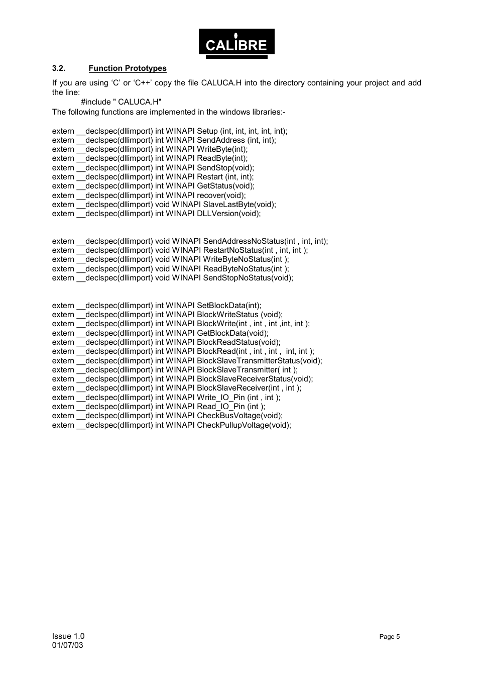 Function prototypes, Calibre | Calibre UK UCA93 User Manual | Page 8 / 25