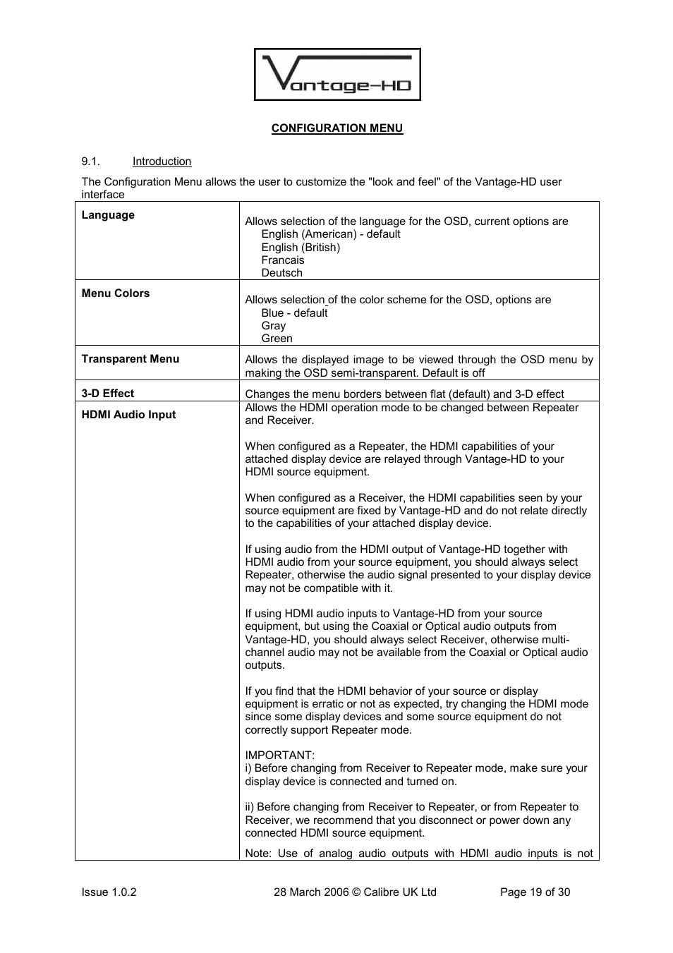 Calibre UK VANTAGE-HD User Manual | Page 22 / 33