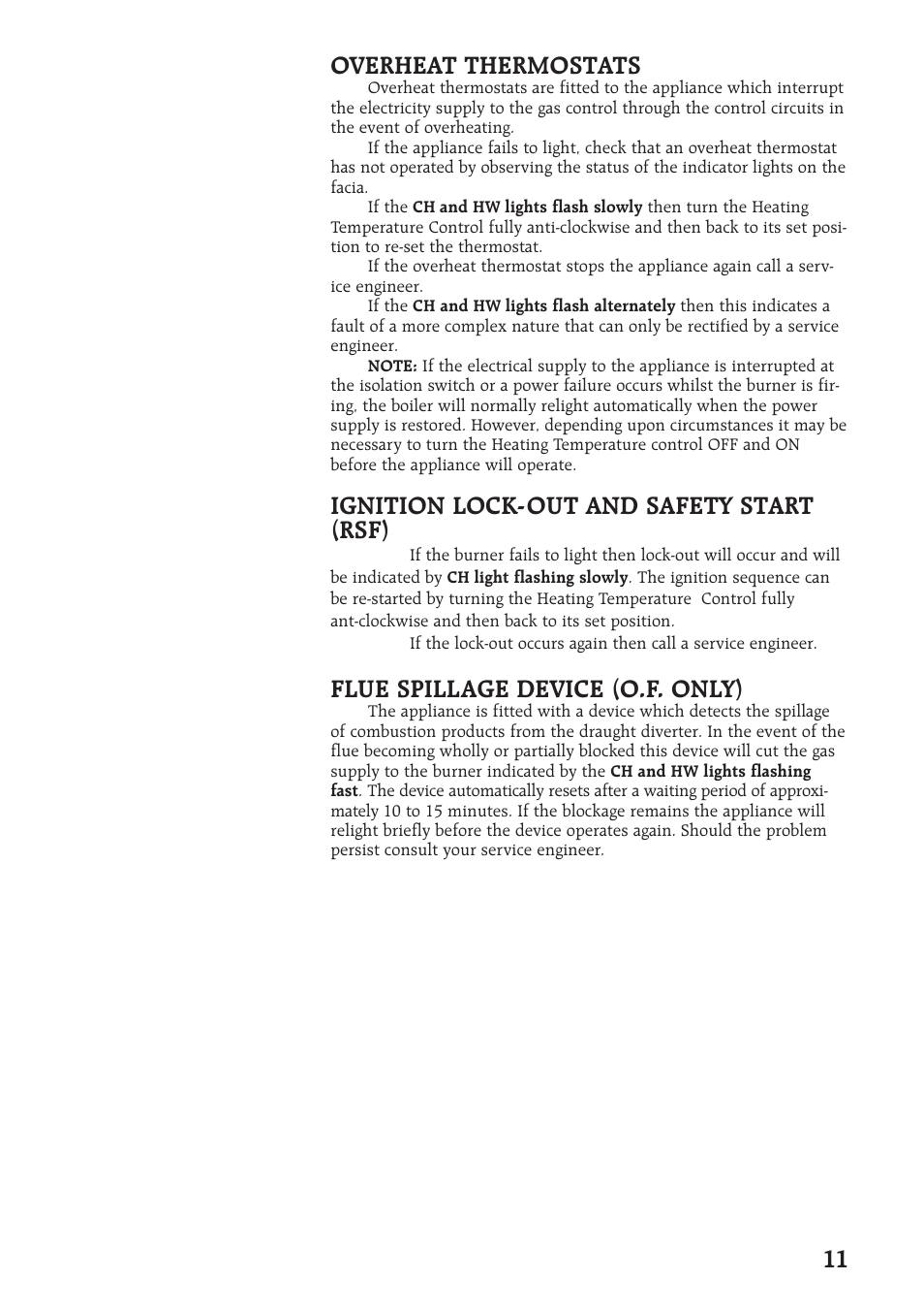 11 overheat thermostats, Ignition lock-out and safety start (rsf), Flue spillage device (o.f. only) | Bosch Worcester 400 User Manual | Page 11 / 16