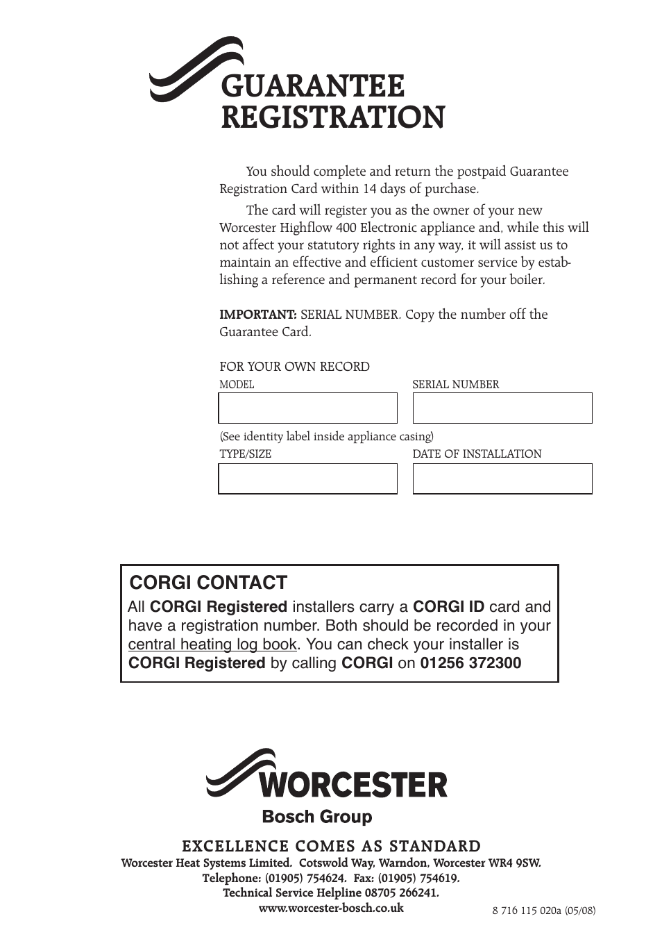 Guarantee registration, Corgi contact | Bosch Worcester 400 User Manual | Page 16 / 16