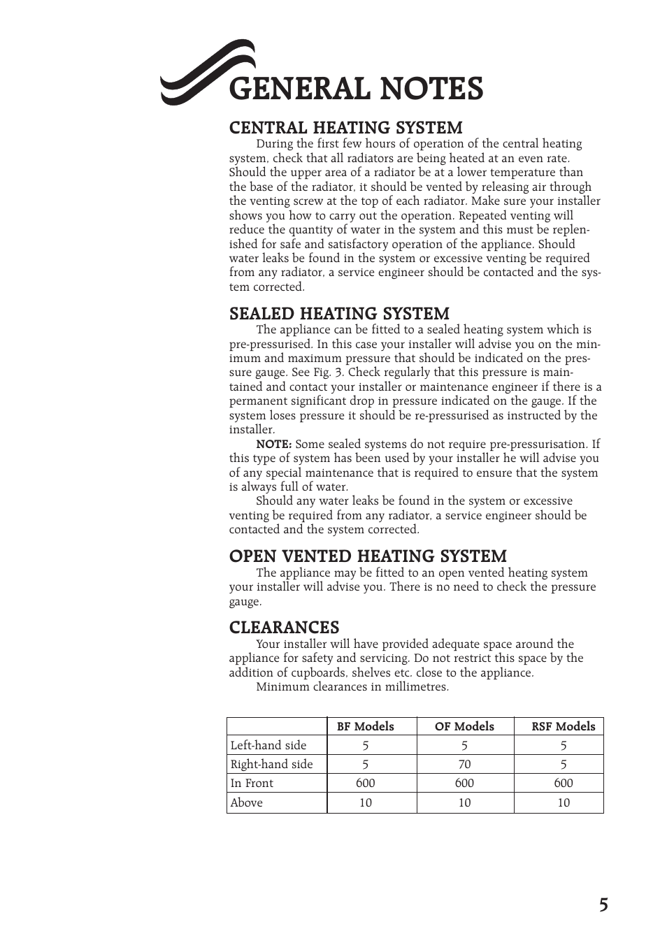 5central heating system, Sealed heating system, Open vented heating system | Clearances | Bosch Worcester 400 User Manual | Page 5 / 16