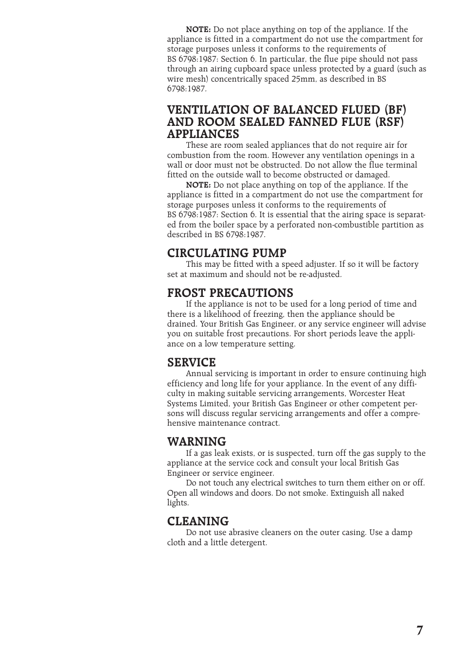 Circulating pump, Frost precautions, Service | Warning, Cleaning | Bosch Worcester 400 User Manual | Page 7 / 16