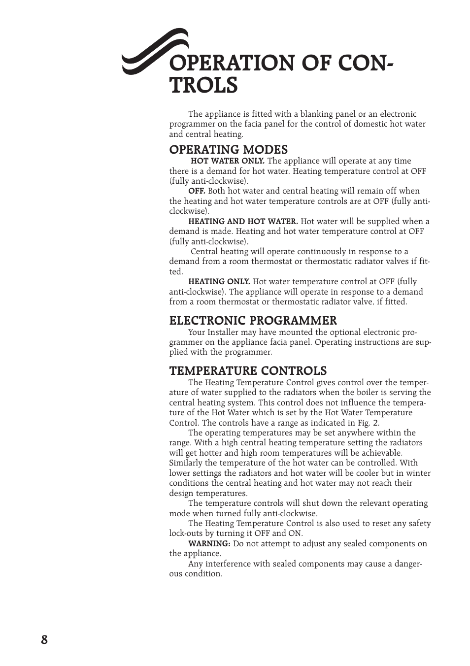 Operation of con- trols, Operating modes, Electronic programmer | Temperature controls | Bosch Worcester 400 User Manual | Page 8 / 16