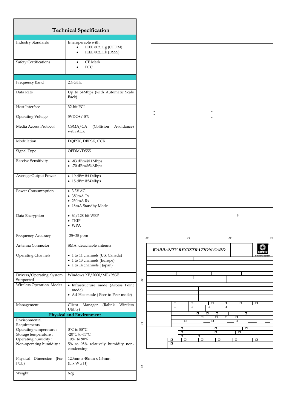 Technical specification, Warranty registration card, Perfomance | Physical and environment | Compex Technologies COMPEX WIRELESS-G WLP54G User Manual | Page 4 / 4