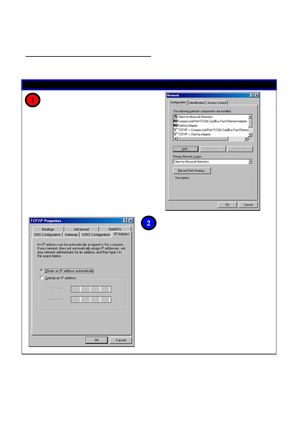 Onfiguring, Ynamic, Address allocation | Microsoft windows 98/98se/me/2000, Configuring dynamic ip address allocation | Compex Technologies NetPassage 18A User Manual | Page 184 / 204