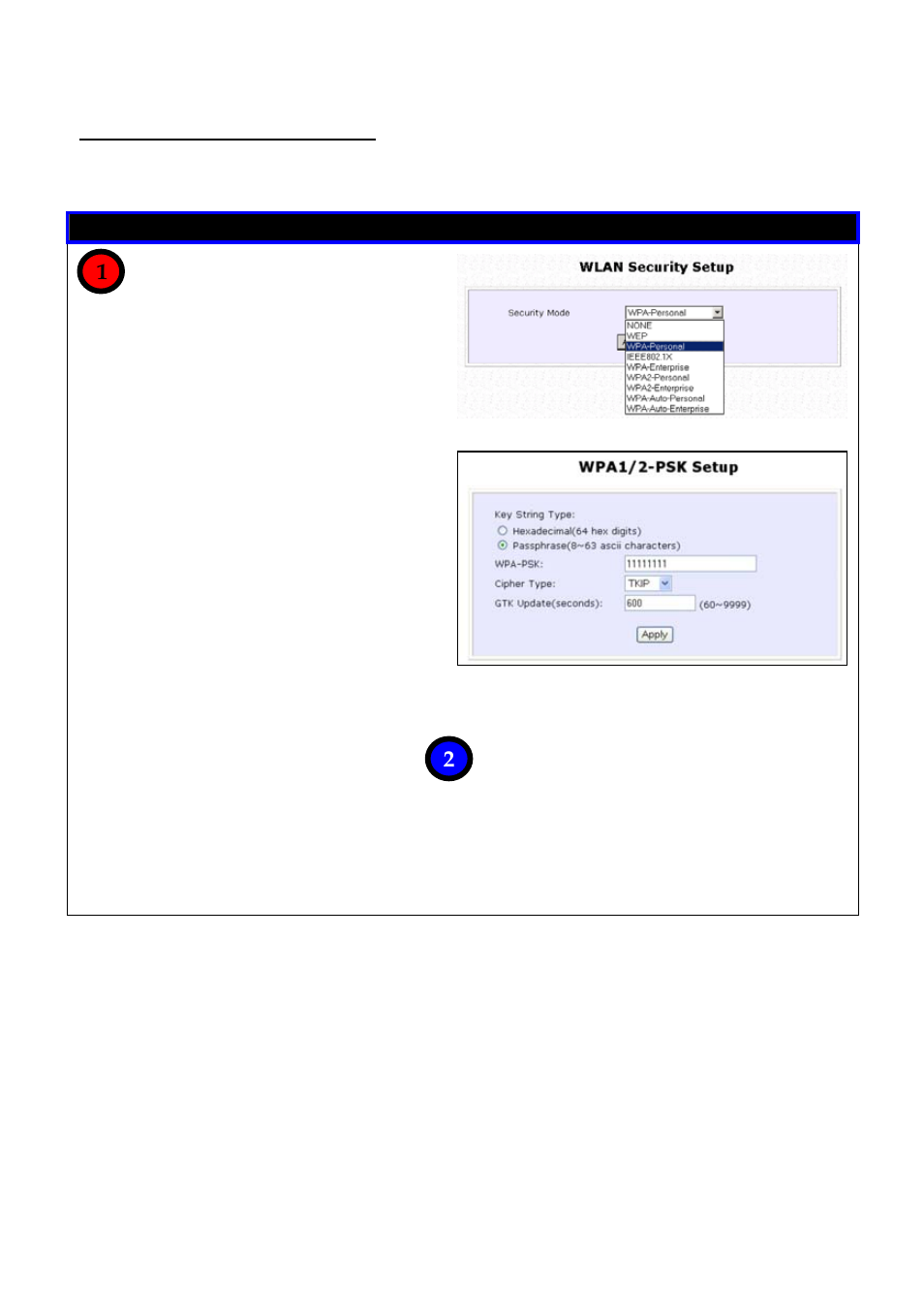 How to setup wpa personal, Wpa personal, Fill in the passphrase or pre- shared network key | Click apply | Compex Technologies NetPassage 18A User Manual | Page 46 / 204