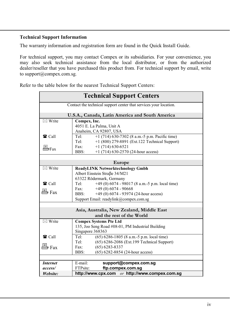 Technical support centers | Compex Technologies WP11A+ User Manual | Page 5 / 101