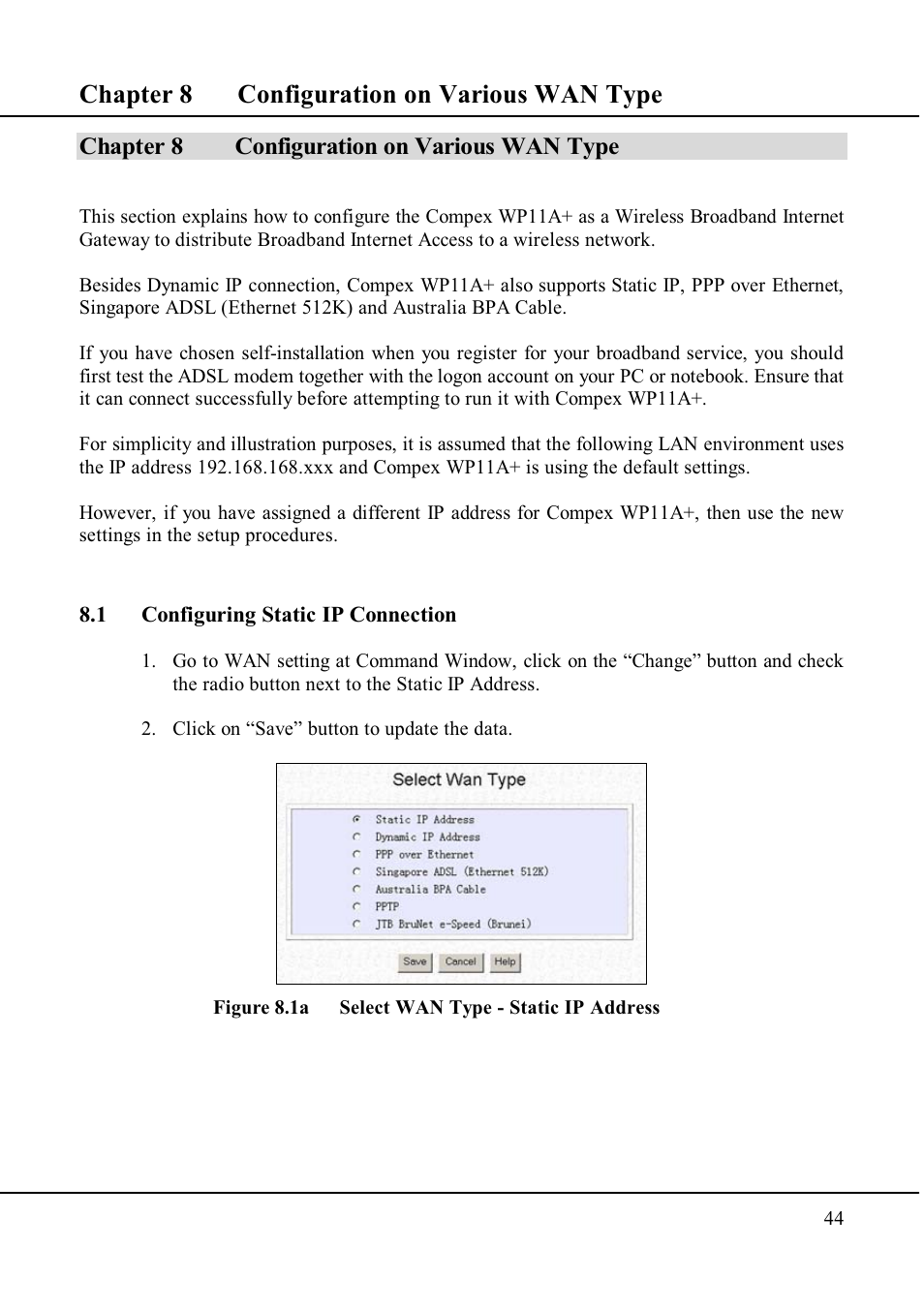 Chapter 8 configuration on various wan type | Compex Technologies WP11A+ User Manual | Page 54 / 101