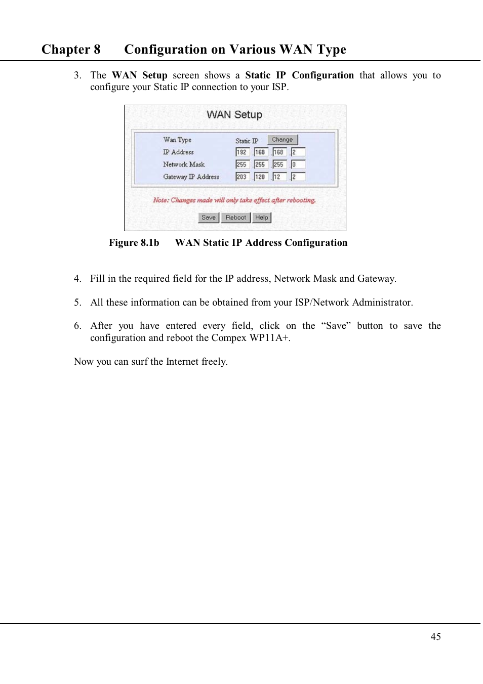 Chapter 8 configuration on various wan type | Compex Technologies WP11A+ User Manual | Page 55 / 101