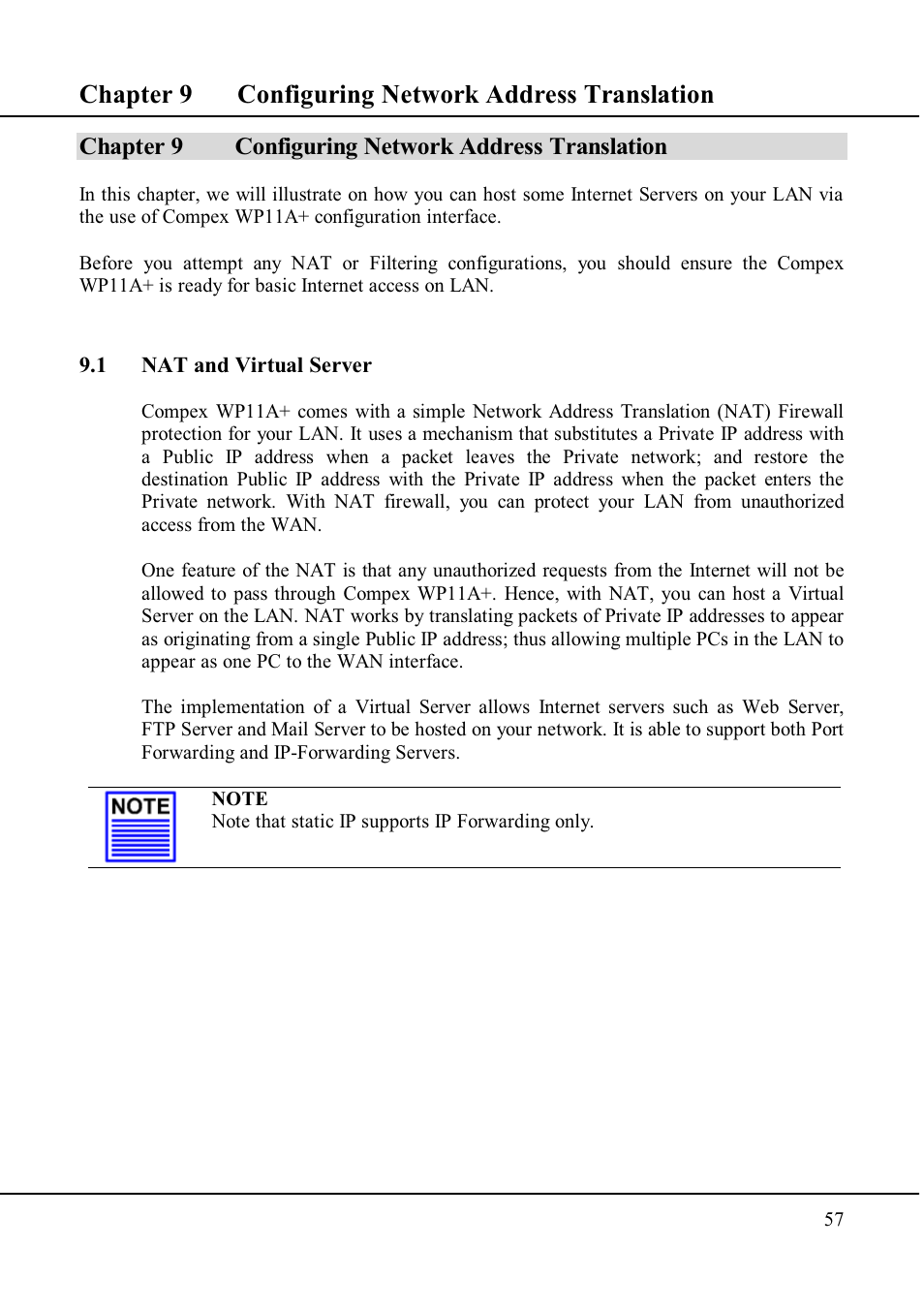 Chapter 9 configuring network address translation | Compex Technologies WP11A+ User Manual | Page 67 / 101