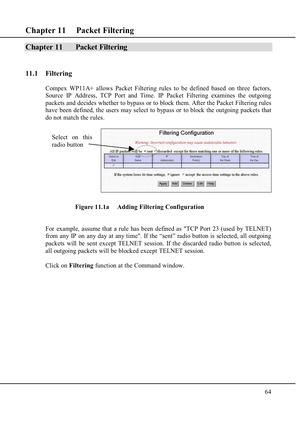 Chapter 11 packet filtering | Compex Technologies WP11A+ User Manual | Page 74 / 101