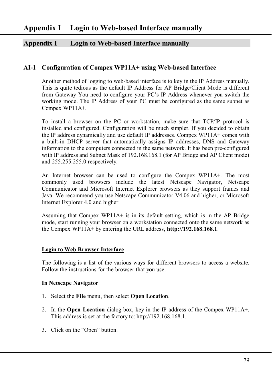 Appendix i login to web-based interface manually | Compex Technologies WP11A+ User Manual | Page 89 / 101