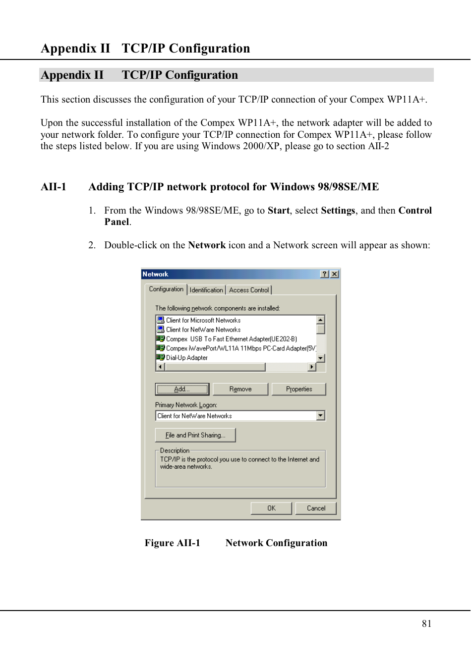 Appendix ii tcp/ip configuration | Compex Technologies WP11A+ User Manual | Page 91 / 101