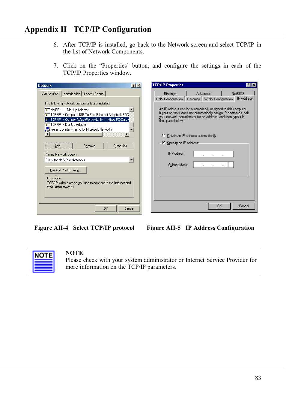 Appendix ii tcp/ip configuration | Compex Technologies WP11A+ User Manual | Page 93 / 101