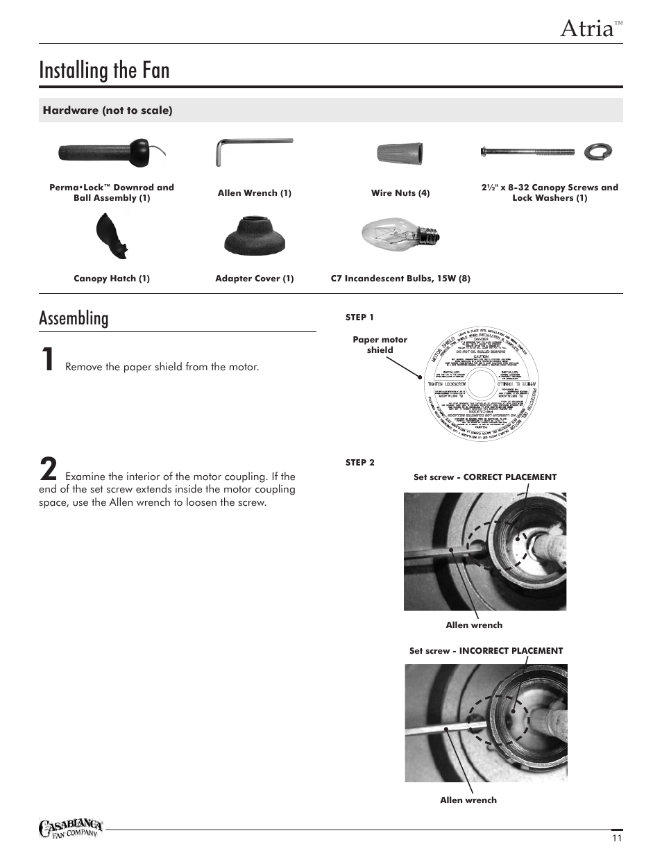 Atria, Installing the fan, Assembling | Casablanca Fan Company Atria C18GXXXF User Manual | Page 11 / 22