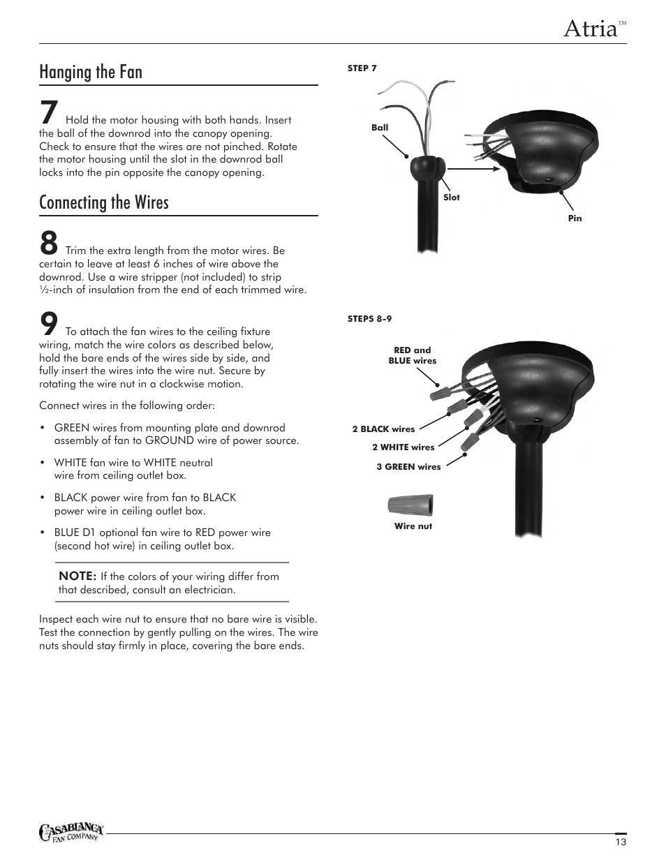 Atria, Hanging the fan, Connecting the wires | Casablanca Fan Company Atria C18GXXXF User Manual | Page 13 / 22