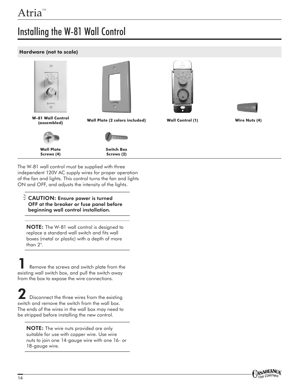 Atria, Installing the w-81 wall control | Casablanca Fan Company Atria C18GXXXF User Manual | Page 14 / 22