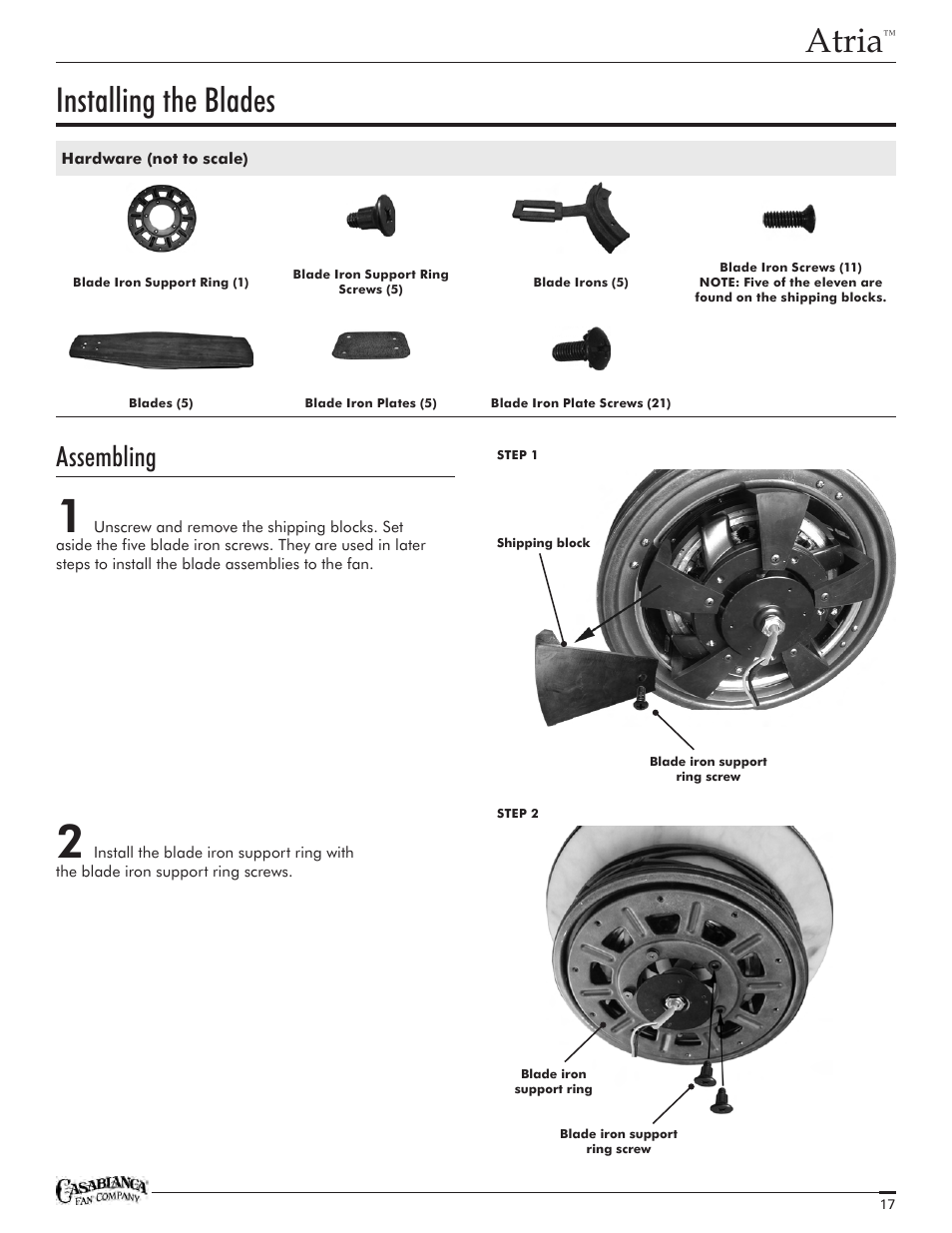 Atria, Installing the blades, Assembling | Casablanca Fan Company Atria C18GXXXF User Manual | Page 17 / 22