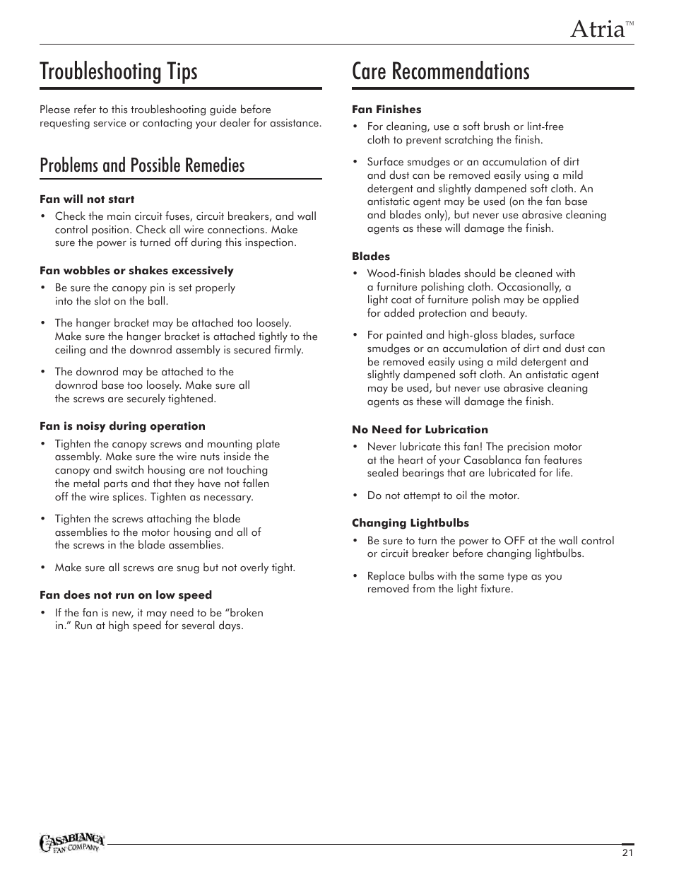 Atria, Troubleshooting tips, Care recommendations | Problems and possible remedies | Casablanca Fan Company Atria C18GXXXF User Manual | Page 21 / 22