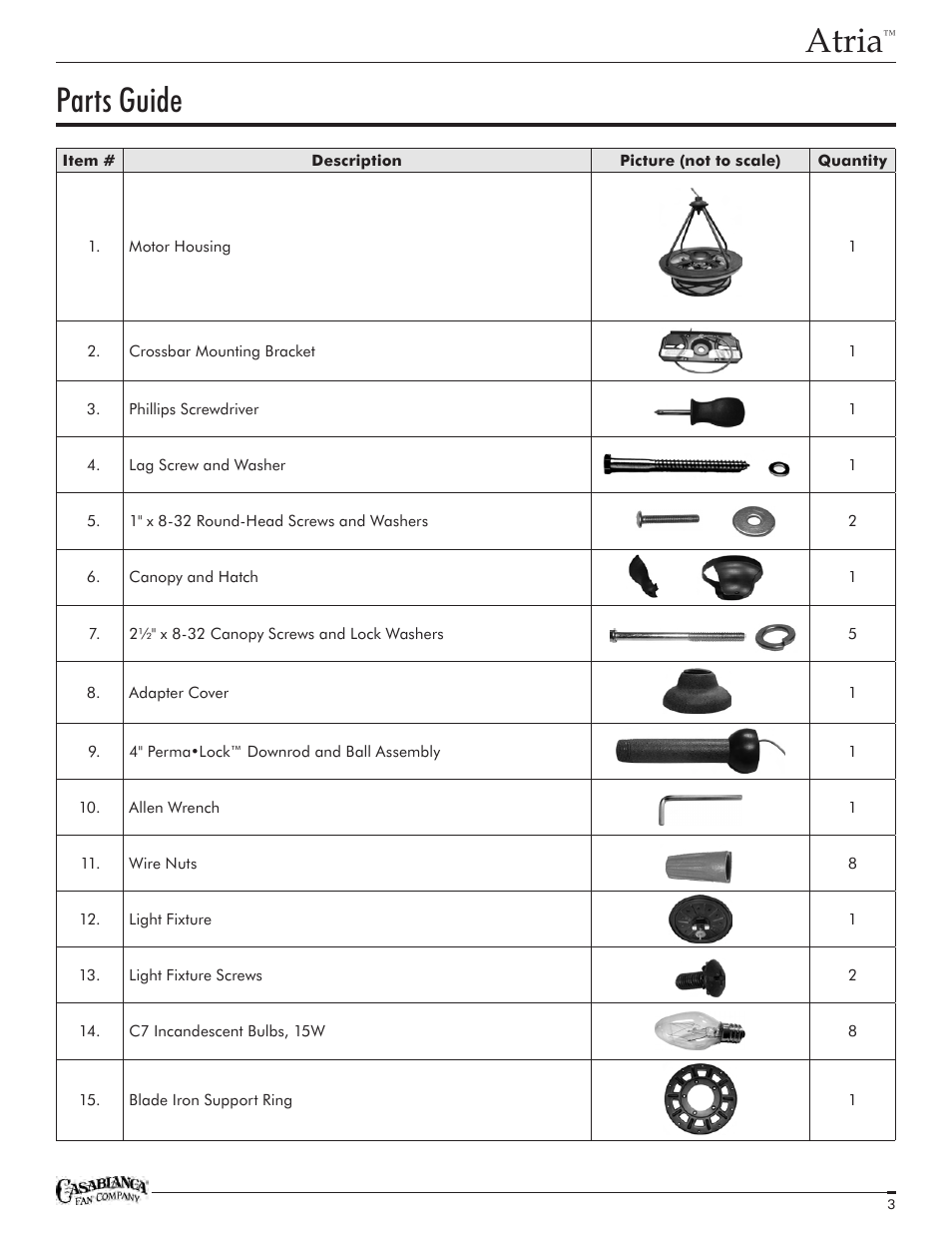 Atria, Parts guide | Casablanca Fan Company Atria C18GXXXF User Manual | Page 3 / 22