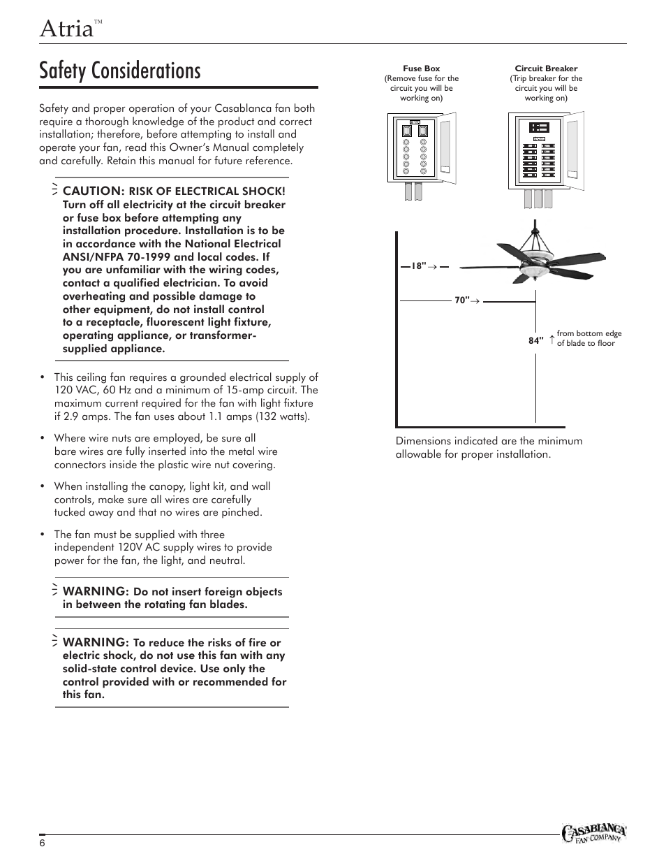 Atria, Safety considerations | Casablanca Fan Company Atria C18GXXXF User Manual | Page 6 / 22