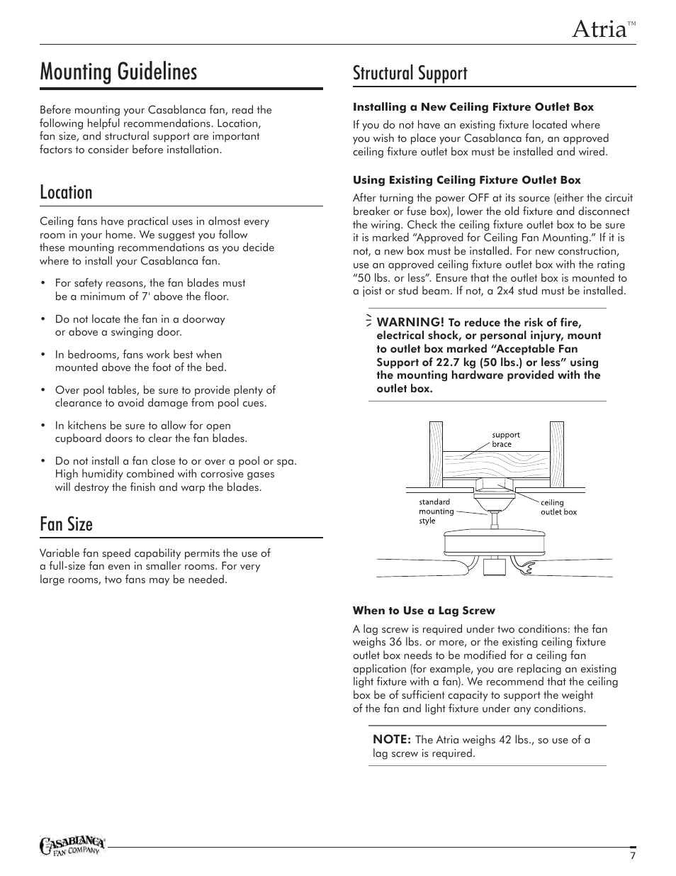 Atria, Mounting guidelines, Structural support | Location, Fan size | Casablanca Fan Company Atria C18GXXXF User Manual | Page 7 / 22