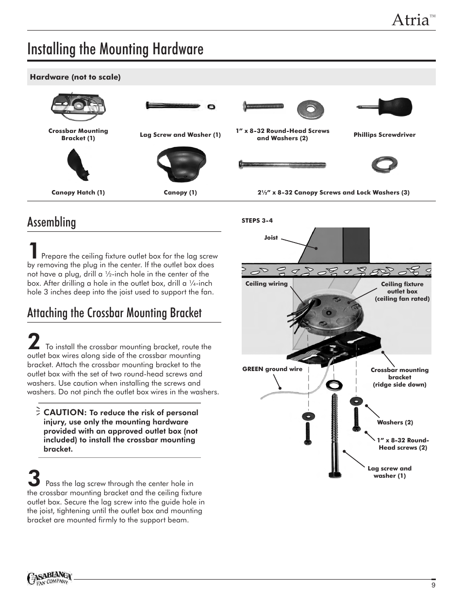 Atria, Installing the mounting hardware, Assembling | Attaching the crossbar mounting bracket | Casablanca Fan Company Atria C18GXXXF User Manual | Page 9 / 22