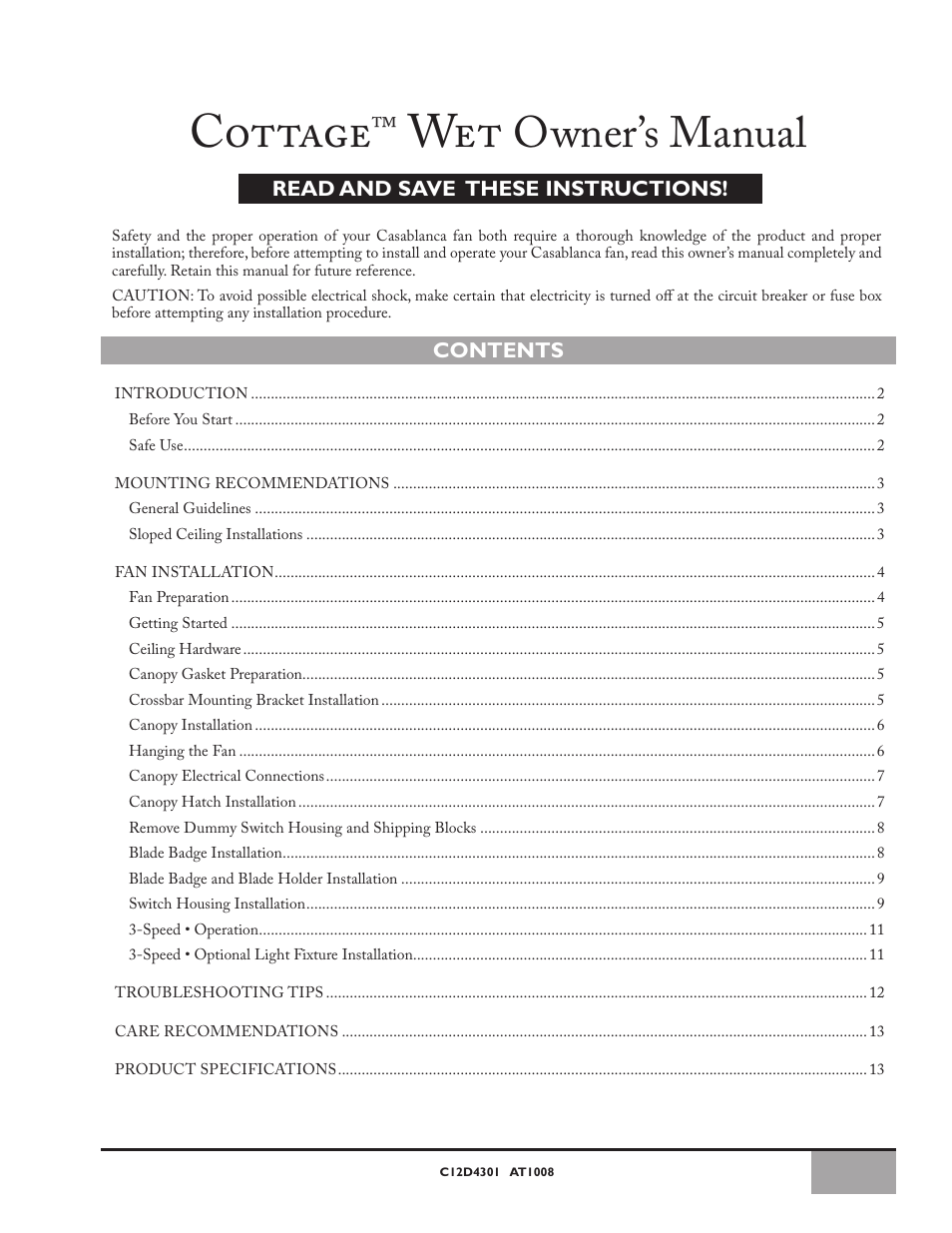 Casablanca Fan Company Casablanca fan c12d4301 User Manual | 13 pages