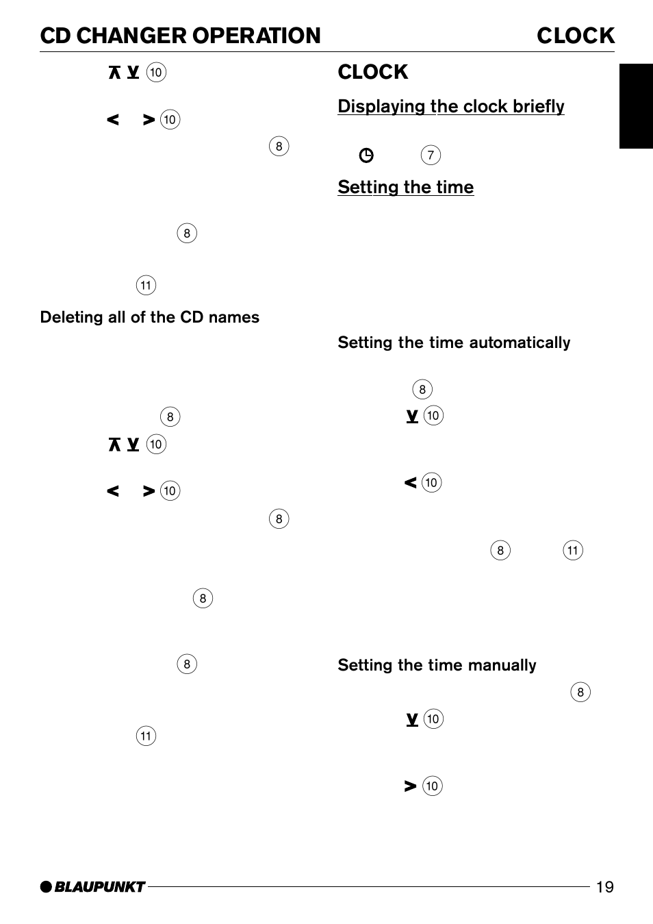 Clock set, Cd changer operation clock, Clock | Casablanca Fan Company CD50 User Manual | Page 19 / 39