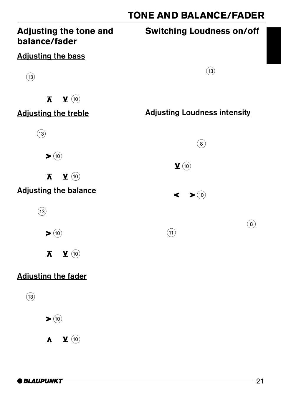 Audio adjust, Tone and balance/fader, Adjusting the tone and balance/fader | Switching loudness on/off | Casablanca Fan Company CD50 User Manual | Page 21 / 39