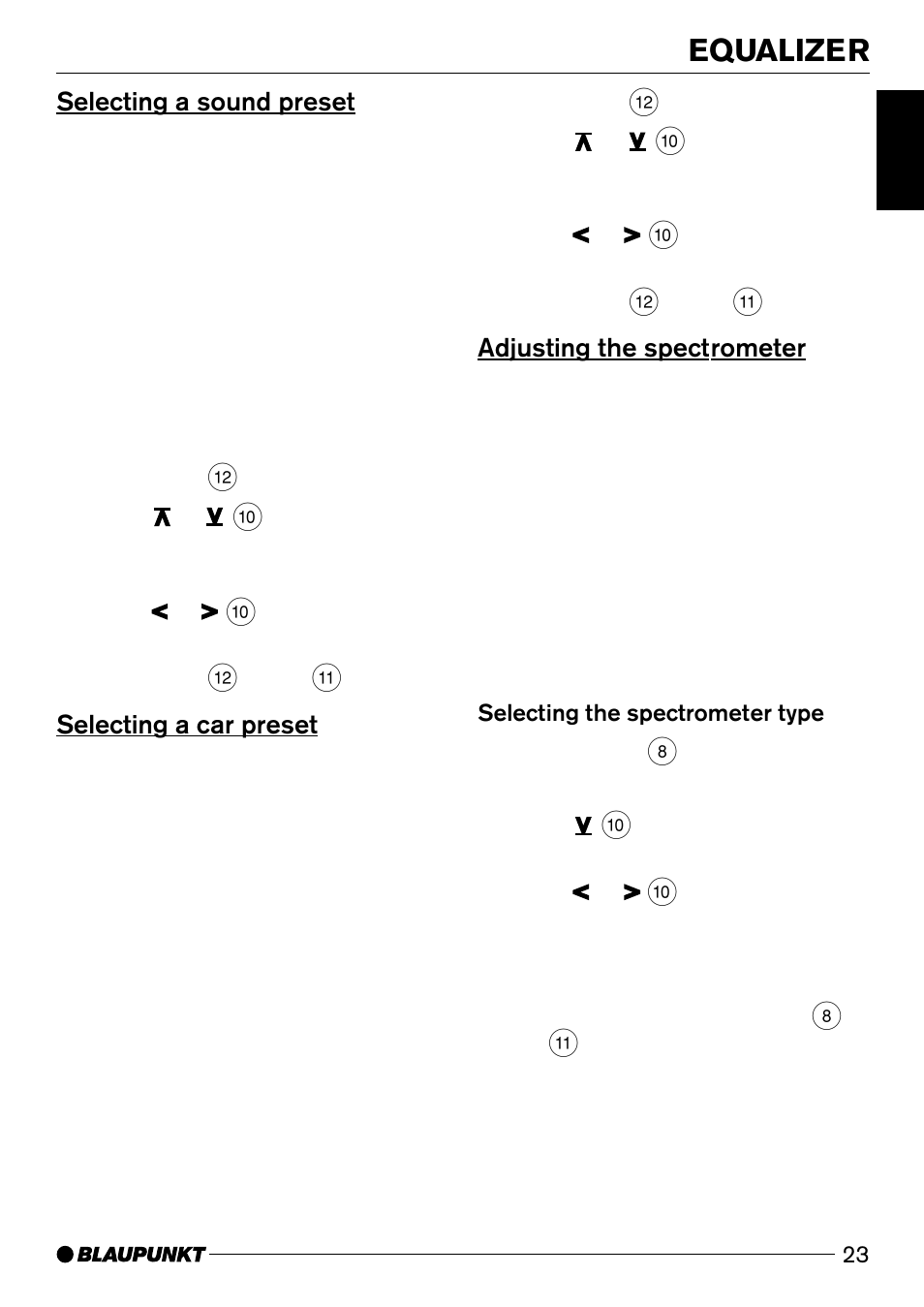 Equalizer, Selecting a sound preset, Selecting a car preset | Adjusting the spectrometer | Casablanca Fan Company CD50 User Manual | Page 23 / 39