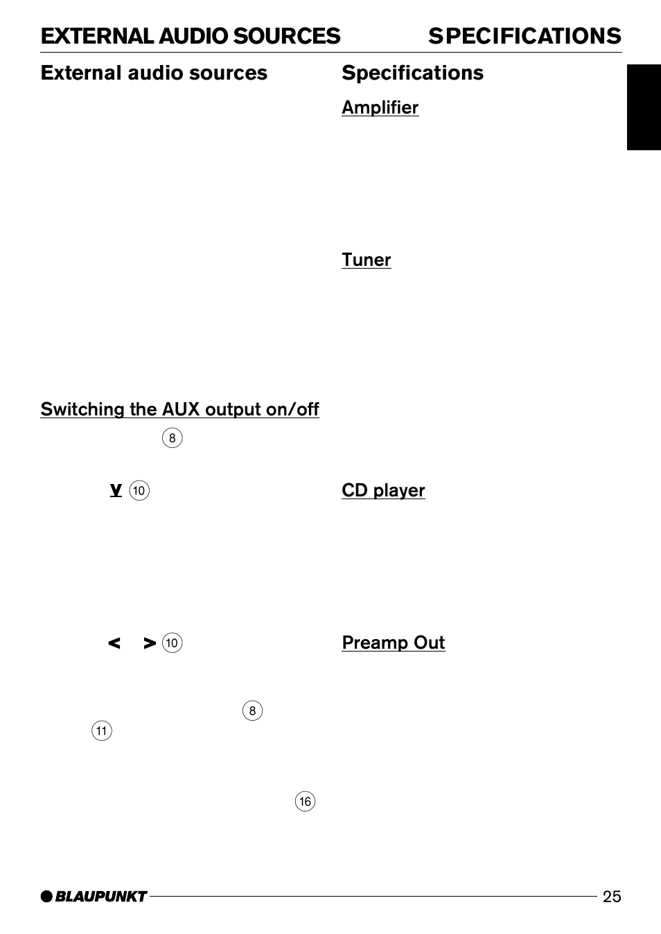 Specs, External audio sources specifications, External audio sources | Specifications | Casablanca Fan Company CD50 User Manual | Page 25 / 39