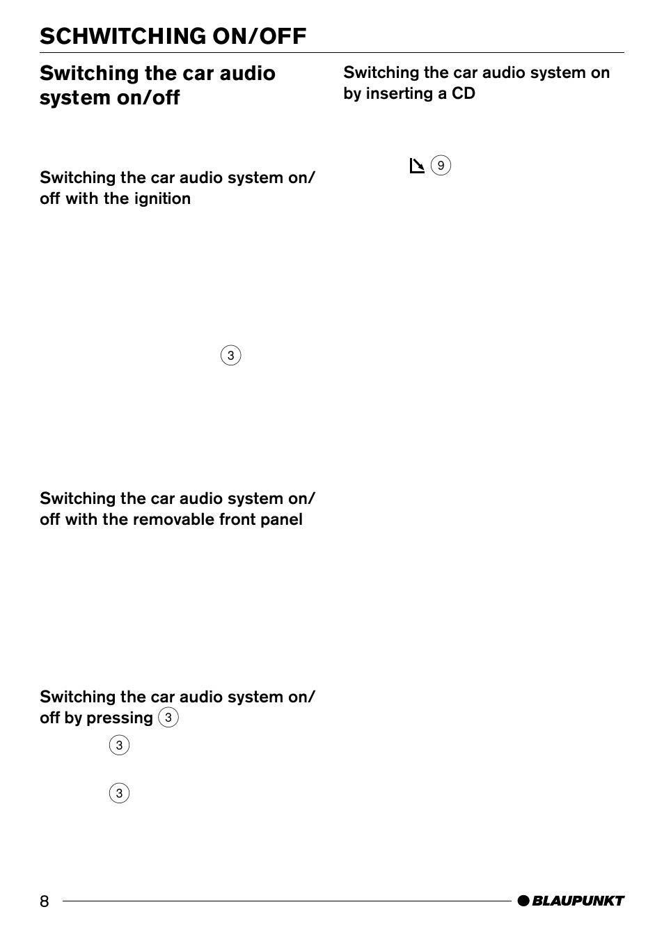 Schwitching on/off, Switching the car audio system on/off | Casablanca Fan Company CD50 User Manual | Page 8 / 39