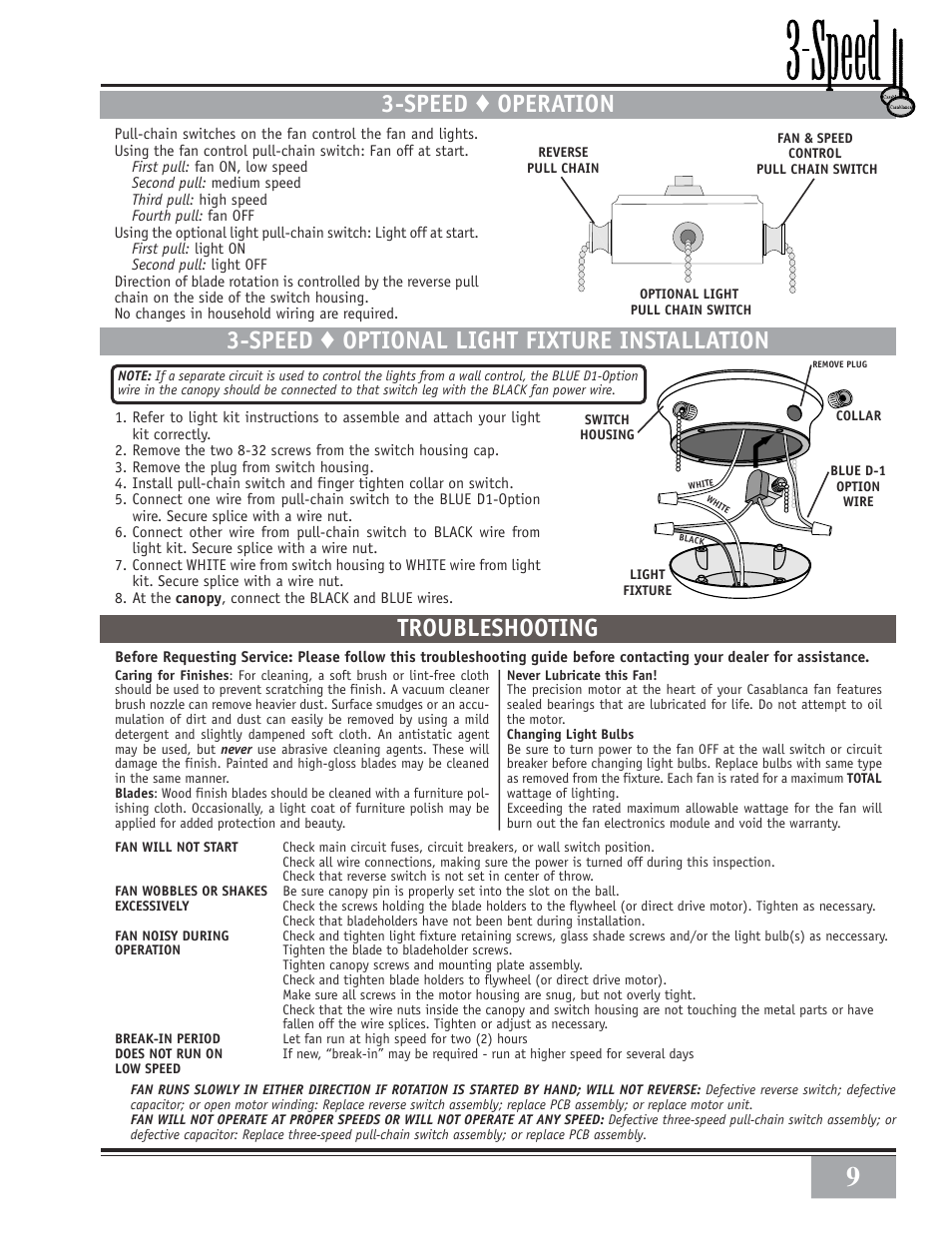 Speed ♦ operation, Speed ♦ optional light fixture installation, Troubleshooting | Casablanca Fan Company CASABLANCA Wailea CEILING FAN 41UxxD User Manual | Page 9 / 10