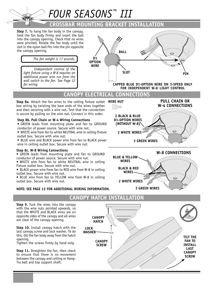 Four seasons, Hanging the fan, Canopy electrical connections | Canopy hatch installation, Crossbar mounting bracket installation | Casablanca Fan Company CASABLANCA Four Seasons III Gallery CEILING FAN 84GxxD User Manual | Page 6 / 17