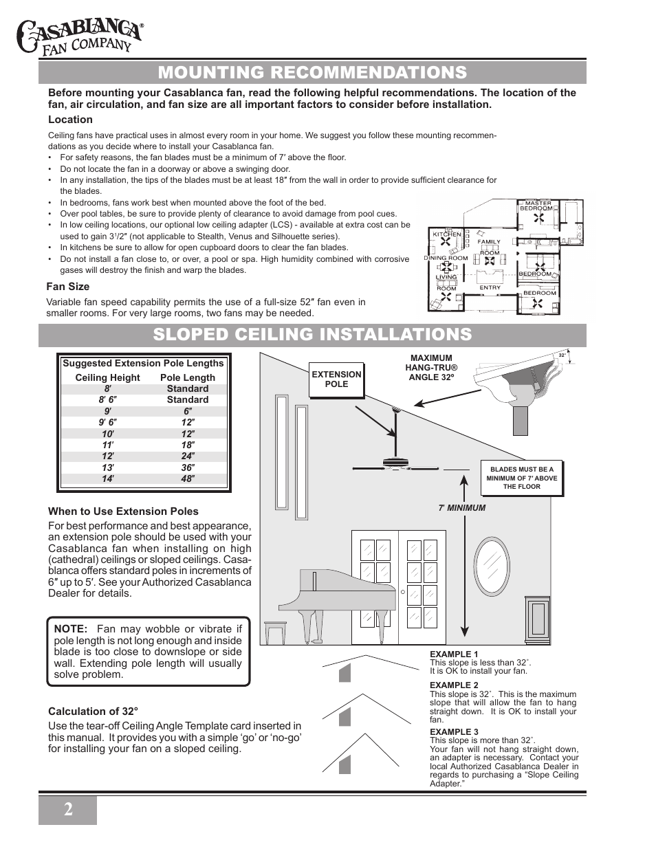 Mounting recommendations, Sloped ceiling installations | Casablanca Fan Company Star C28GXXM User Manual | Page 2 / 13