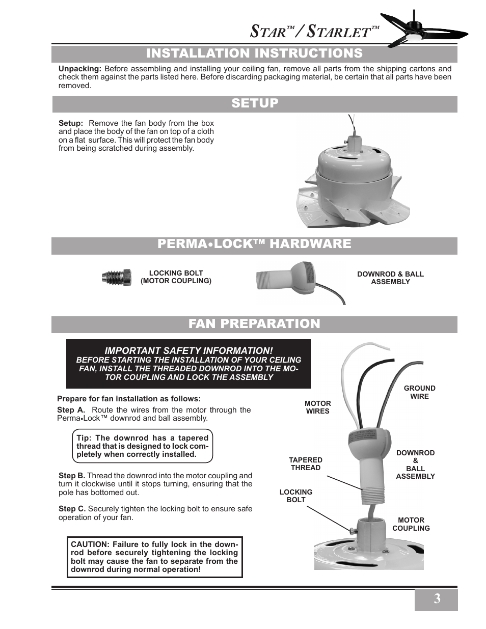 Tarlet, Installation instructions, Fan preparation | Perma•lock™ hardware, Setup | Casablanca Fan Company Star C28GXXM User Manual | Page 3 / 13