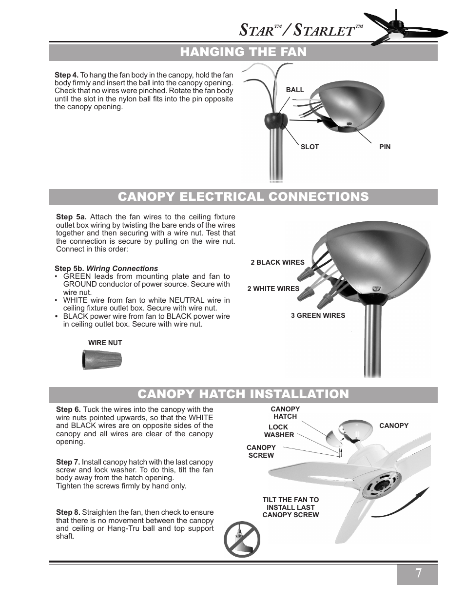 Tarlet, Hanging the fan, Canopy electrical connections | Canopy hatch installation | Casablanca Fan Company Star C28GXXM User Manual | Page 7 / 13