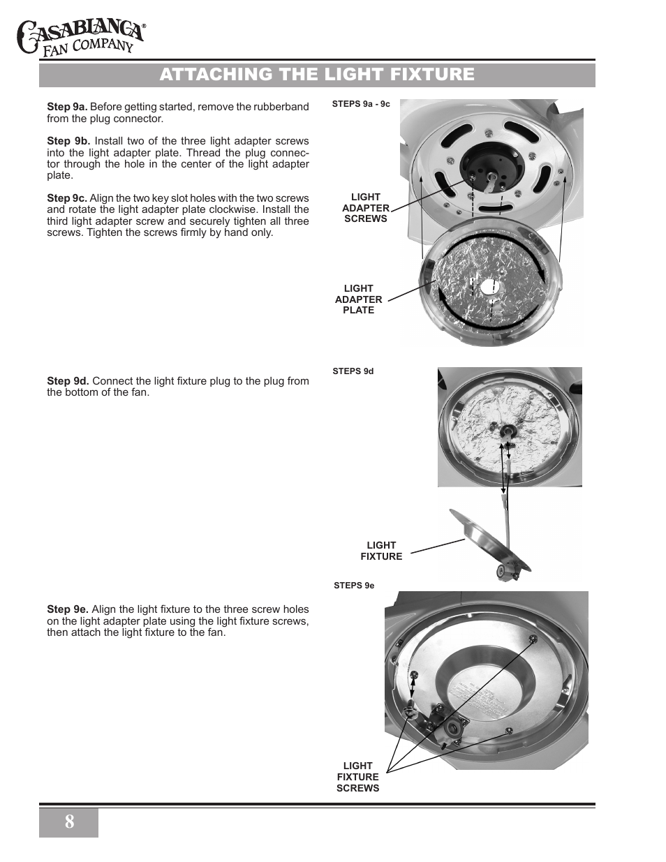 Attaching the light fixture | Casablanca Fan Company Star C28GXXM User Manual | Page 8 / 13