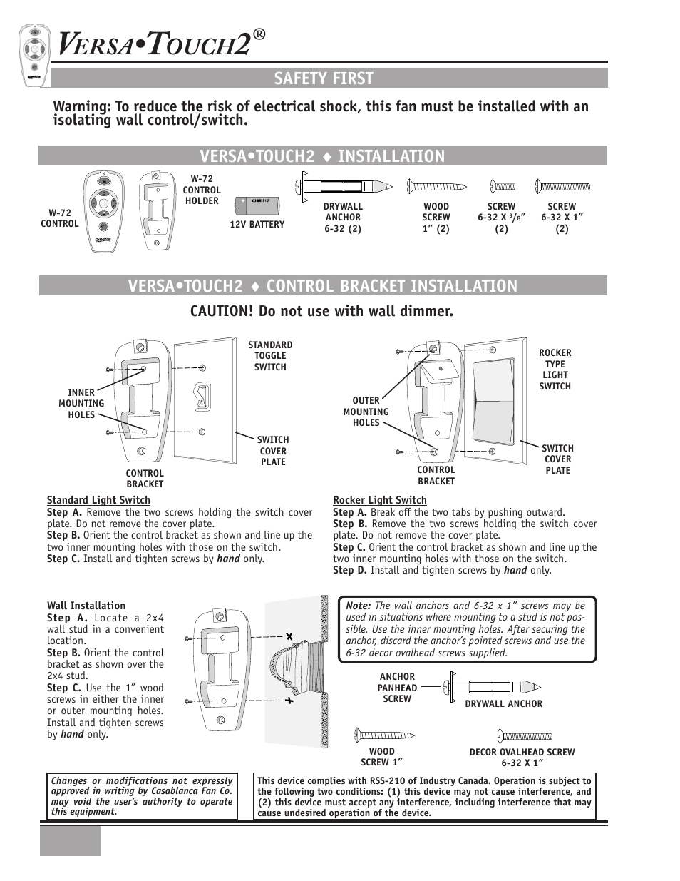 Ersa, Ouch, Safety first | Caution! do not use with wall dimmer | Casablanca Fan Company Marrakesh 89UXXM User Manual | Page 12 / 15