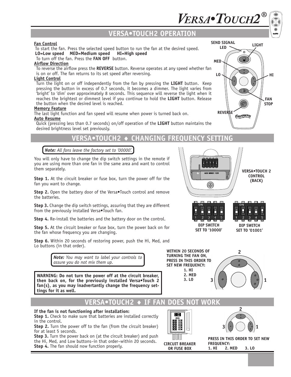 Ersa, Ouch, Versa•touch2 operation | Versa•touch2 ♦ if fan does not work, Versa•touch2 ♦ changing frequency setting | Casablanca Fan Company Marrakesh 89UXXM User Manual | Page 13 / 15