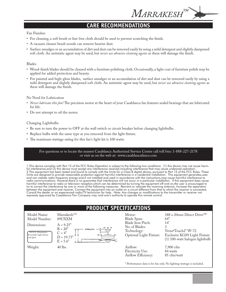 Arrakesh, Product specifications, Care recommendations | Casablanca Fan Company Marrakesh 89UXXM User Manual | Page 15 / 15