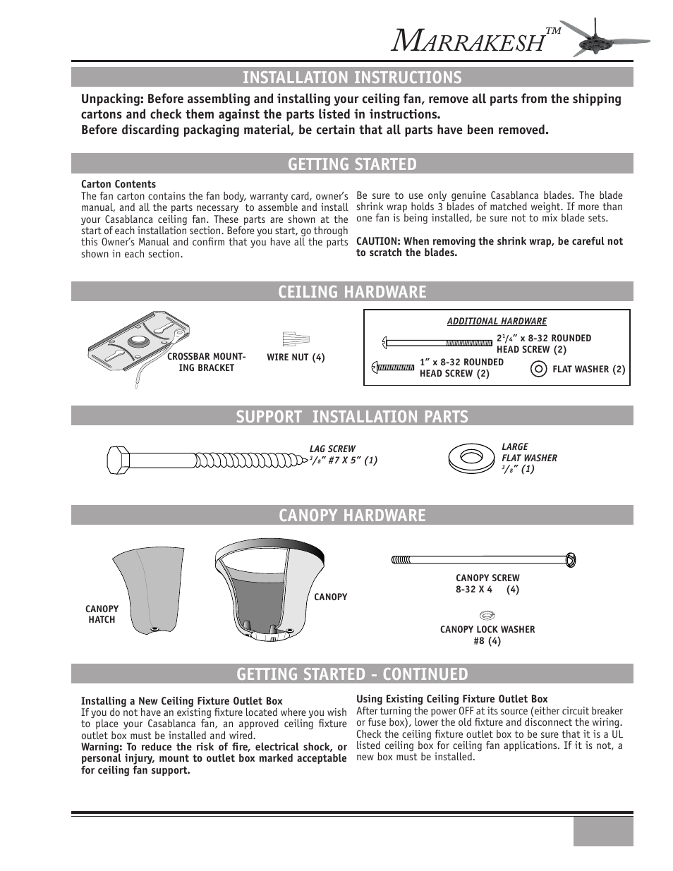 Arrakesh, Installation instructions, Getting started | Getting started - continued, Canopy hardware, Ceiling hardware, Support installation parts | Casablanca Fan Company Marrakesh 89UXXM User Manual | Page 3 / 15