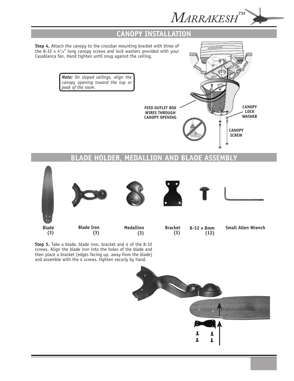 Arrakesh, Canopy installation, Blade holder, medallion and blade assembly | Casablanca Fan Company Marrakesh 89UXXM User Manual | Page 5 / 15