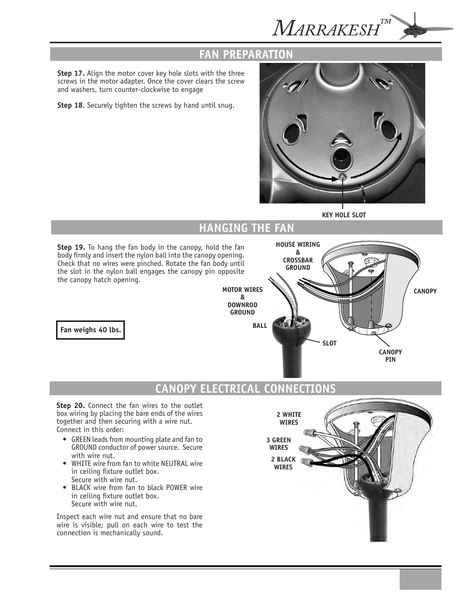 Arrakesh, Fan preparation, Canopy electrical connections | Hanging the fan | Casablanca Fan Company Marrakesh 89UXXM User Manual | Page 9 / 15